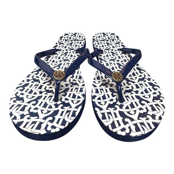 Tory Burch Navy White Thin Flip Flops Size 8 w Gold Logo With Box Good Condition - Picture 7 of 7